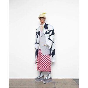 THOM BROWNE Spring 2019 Navy Cotton Twill Coated Whale Print Overcoat, Size 2